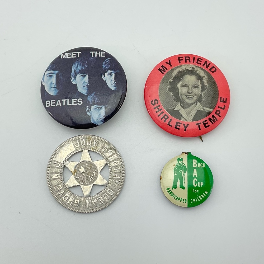 Vintage Pinback Pins Set, The Beatles, Shirley Temple, Buck A Cup, Arcade Token